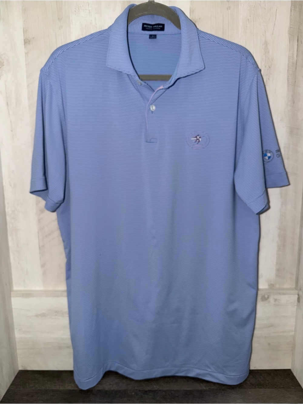 Peter Millar Men's Light Blue & Pink Pinstripe Performance Polo BMW Championship